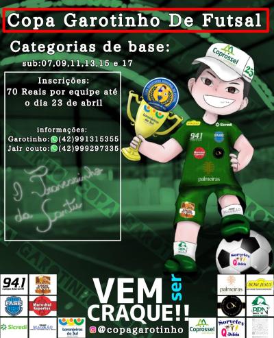 Inscrições abertas para a Copa Garotinho de Futsal Categorias de Base