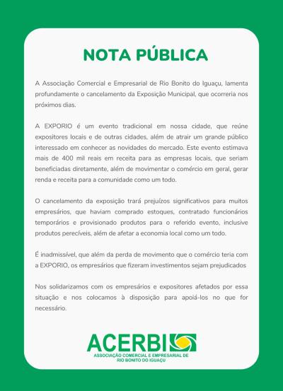 Acerbi emite nota pública lamentando prejuízos do comércio com o cancelamento da Exporio 2023