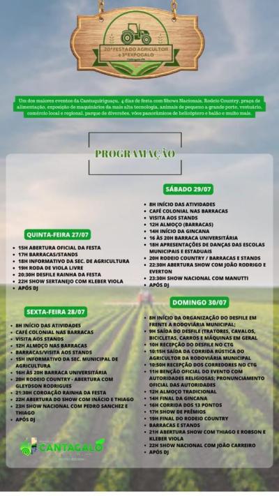 Vem ai a 20ª Festa do Agricultor e a 3ª ExpoGalo em Cantagalo 