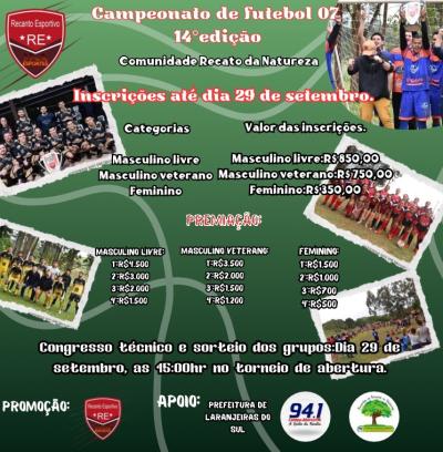 Inscrições abertas para o 14º campeonato de Futebol Sete do Recanto Esportivo 