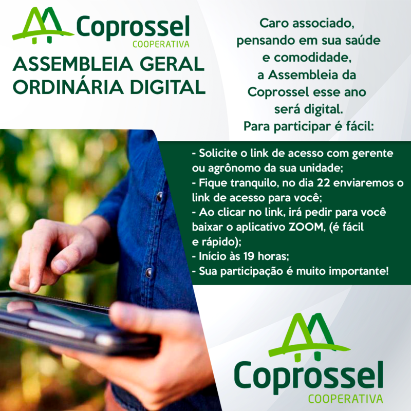 AGO digital da Coprossel levará seus êxitos e projetos para 2021 a todos os cooperados 