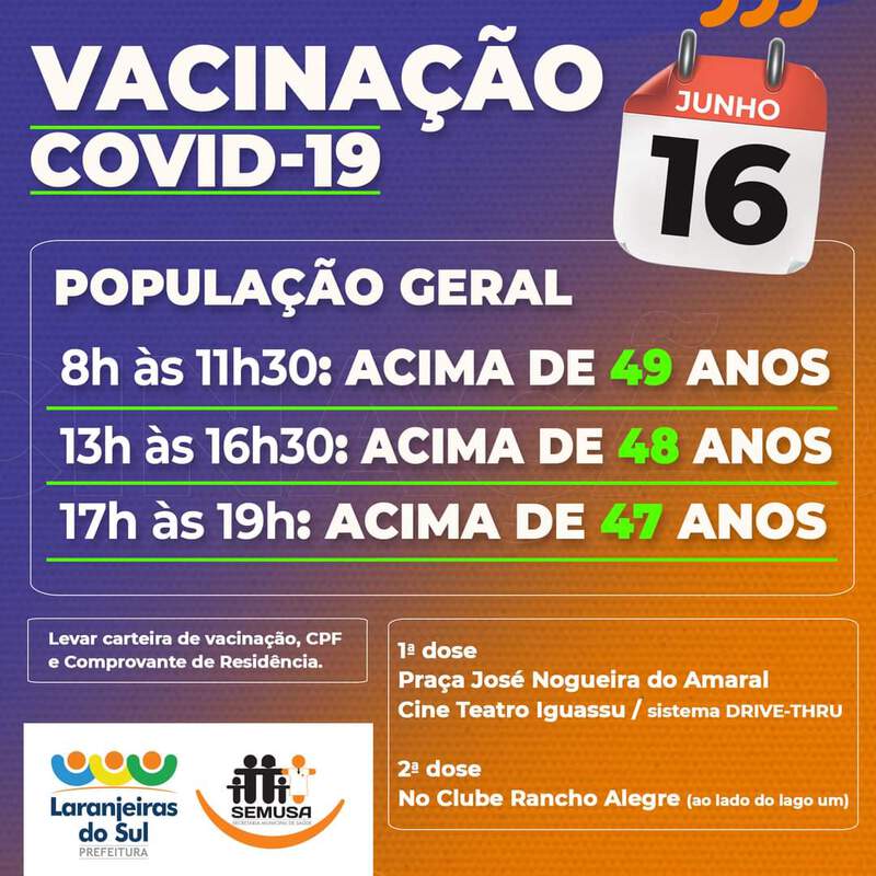 Em Laranjeiras do Sul vacinação chega na faixa etária entre 47 e 49 anos para público em geral