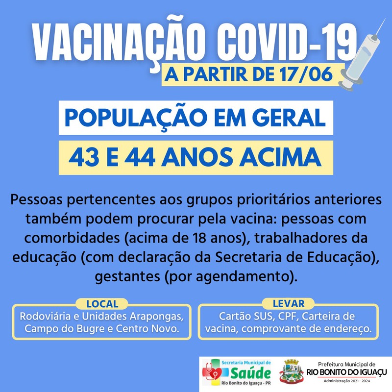 A partir de quinta-feira, Rio Bonito do Iguaçu começa vacinar contra Covid-19 pessoas com 43 e 44 anos ou mais