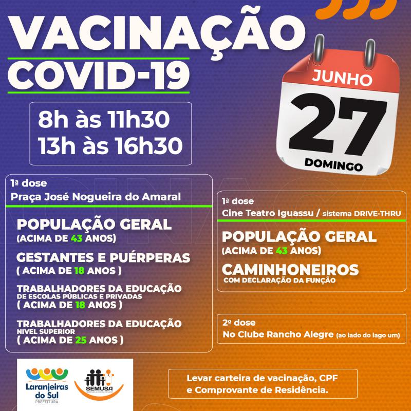 VacinaÃ§Ã£o da covid serÃ¡ retomada neste domingo em Laranjeiras do Sul