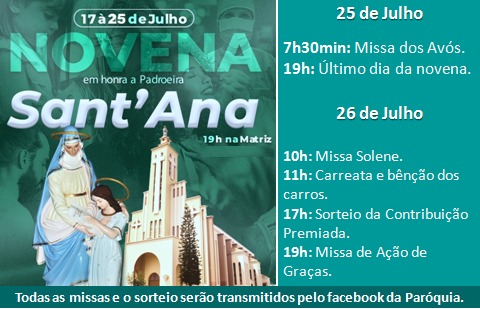 Confira os HorÃ¡rio das CelebraÃ§Ãµes da Festa em Louvor a SantÂ´Ana em Laranjeiras do Sul