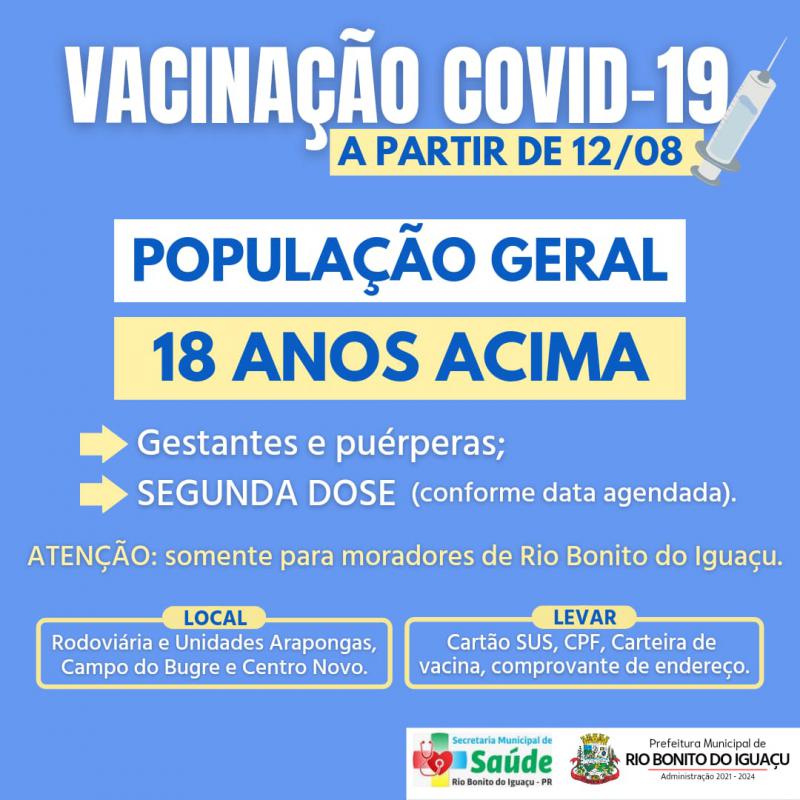 Rio Bonito do Iguaçu e Porto Barreiro estão vacinando contra a Covid19 Jovens de 18 Anos ou mais