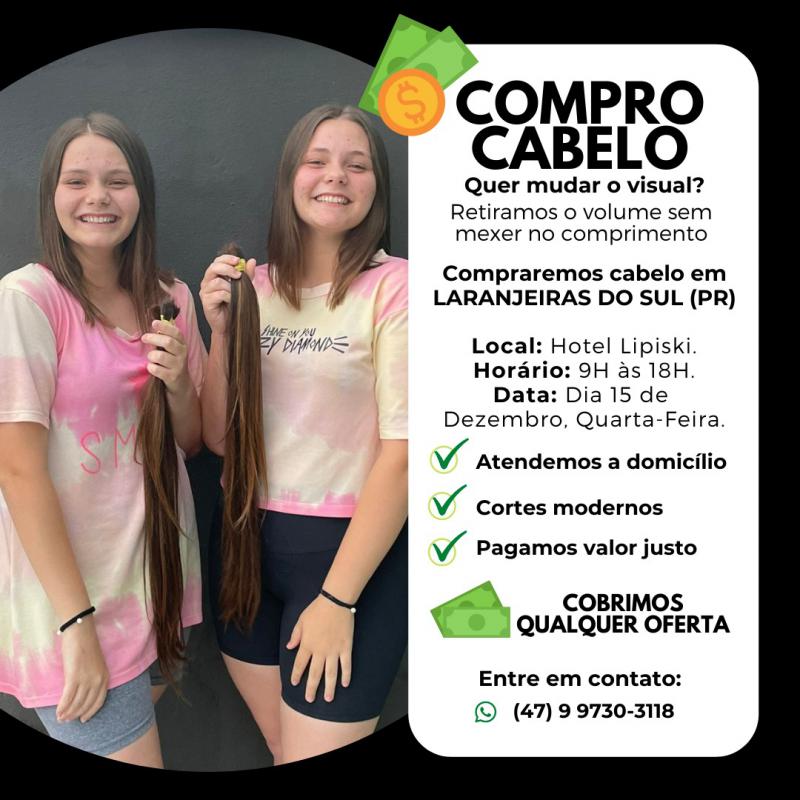 Quarta-feira, dia 15, o Studio do Cabelo estará comprando cabelo em Laranjeiras do Sul 