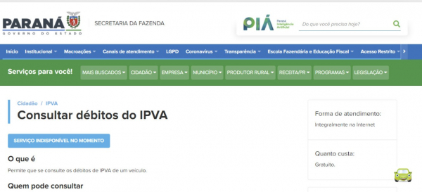 Site para consulta e impressão de guia para pagamento do IPVA no Paraná fica fora do ar