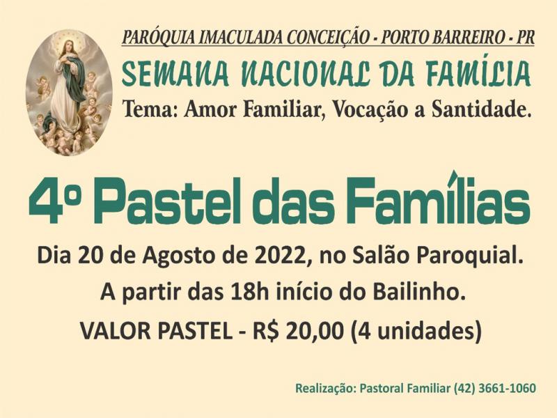 Acontece neste sábado (20)  em Porto Barreiro a 4ª edição do pastel das famílias