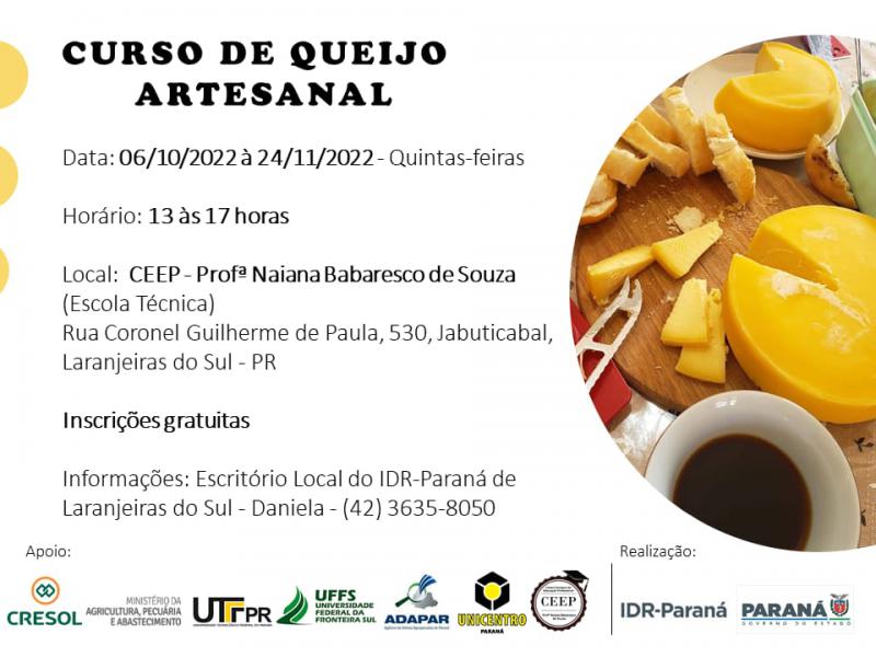 IDR oferta curso gratuito para região de Laranjeiras do Sul, sobre QUEIJO ARTESANAL 