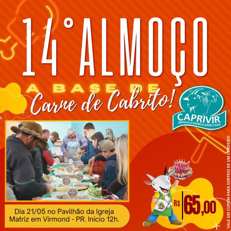 Caprivir do Virmond estará realizando a 14ª edição do almoço a base de carne de cabrito.