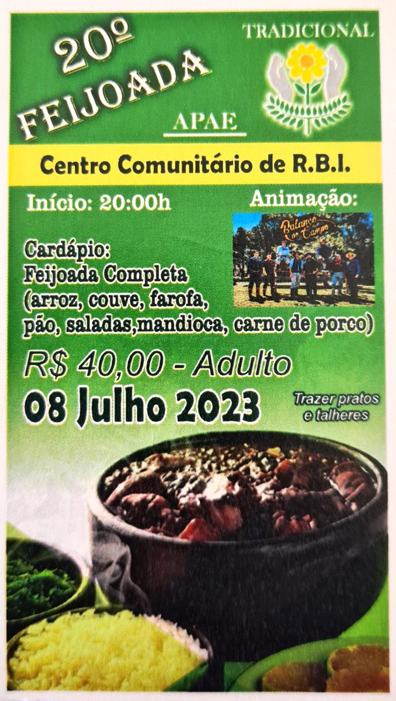Sábado dia 08 de julho acontece a 20ª Feijoada da APAE de Rio Bonito do Iguaçu