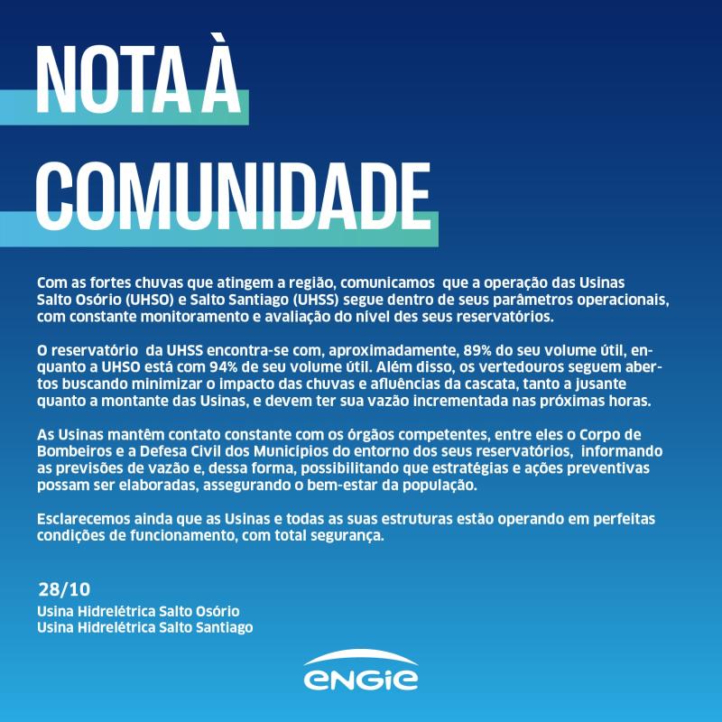 Engie emite nota oficial sobre Usinas Salto Santiago e Salto Osório 