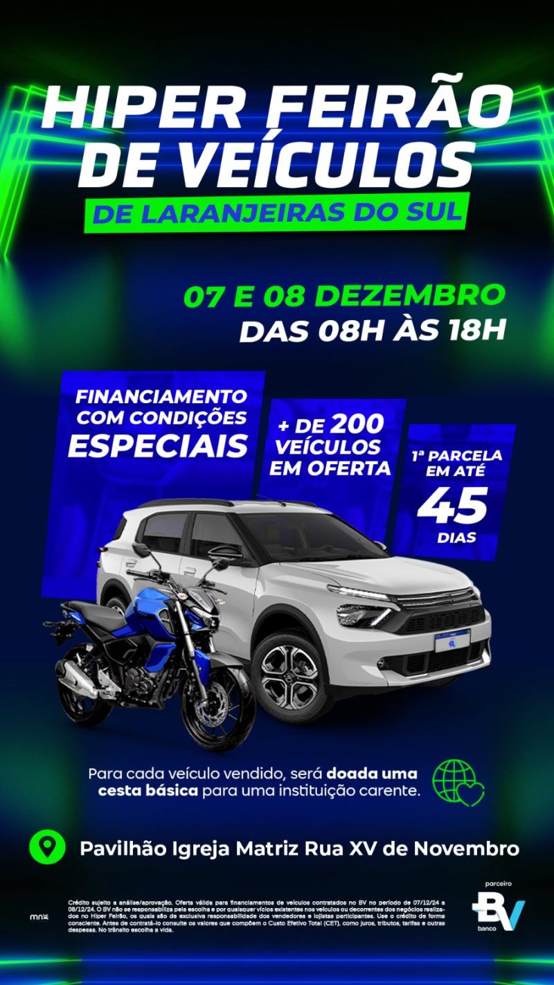 Neste sábado e domingo, 7 e 8/12, tem Hiper Feirão de Veículos em Laranjeiras do Sul