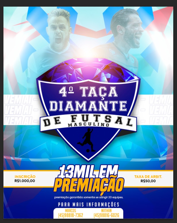Inscrições abertas para a 4ª Taça Diamante de Futsal Masculino Livre