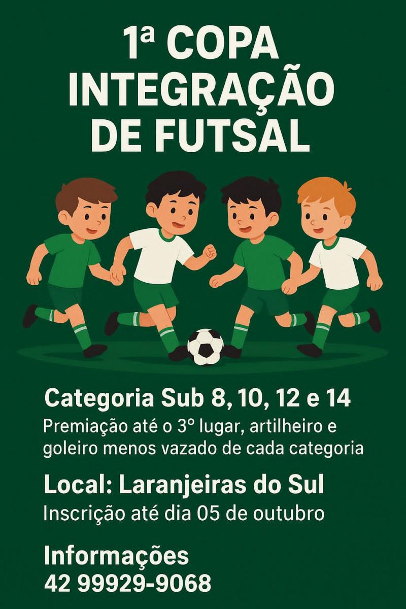 Inscrições abertas para a 1ª Copa Integração de Futsal Categorias de Base